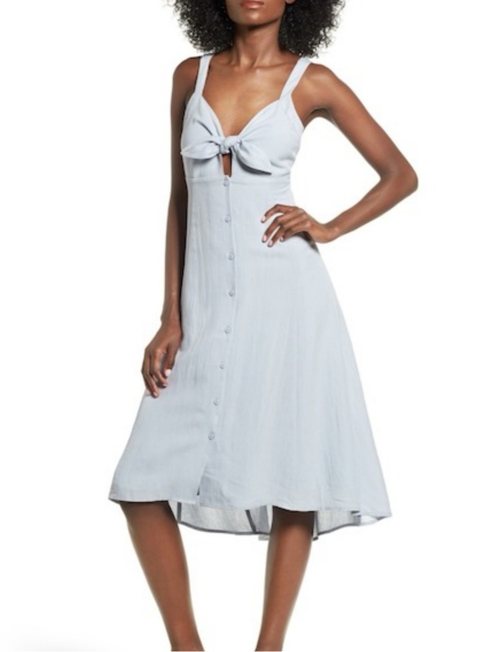 Astr the Label Light blue tie-front midi dress w buttons, linen, guc , sz L